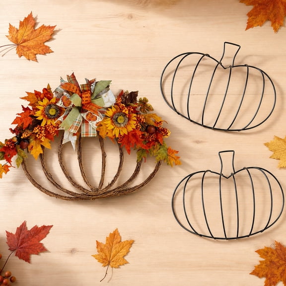 2 Pack Metal Pumpkin Wreath Form Frames, 10 Inch DIY Pumpkin Wire Base, Black 3D Pumpkin Wreath Ring for Fall Harvest, Thanksgiving, Halloween Front Door Decor Craft Supplies
