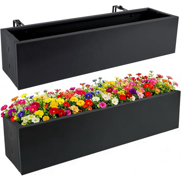 2 Pack Metal Railing Planter Box, 30 Inch Balcony Planters with Adjustable Brackets, Large Hanging Planters for Outdoor Fence Deck