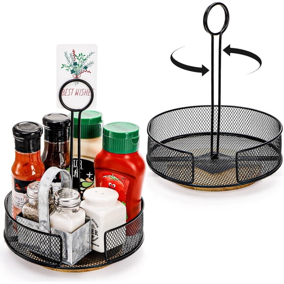 2 Pack Metal Rotating Condiment Caddy with Number Card Holder, 7.75 Inch Round Table Caddy with Wooden Base Black Coated Table Caddies Collection for Salt Pepper Ketchup Hot Sauce Mustard