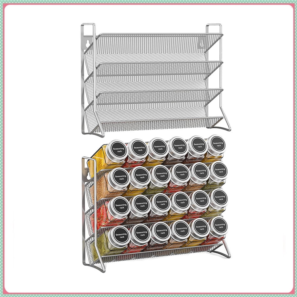 2 Pack Metal Spice Organizer Rack Free Standing & Wall-Mount Seasoning Jars Shelf hold 24 Spice Jars for Kitchen,Silver