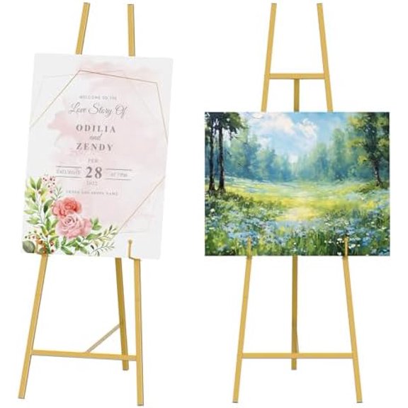 2 Pack Metal Square Tube Scroll Display Easel, Vintage Gold Decorative Large Adjustable Floor Standing Easel with Chain Support, Perfect for Showcasing Artwork, Picture Frame Wedding Sign Etc