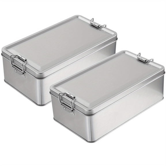 2-Pack Metal Storage Box with Lid – Silvery Rectangular Tinplate Container with Buckle Latch for Treats, Gifts, Crafts & Home Organization