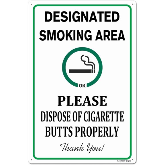 (2-Pack) Metal Tin Sign Aluminum Sign, Designated Smoking Area Sign Dispose of Cigarette Butt Properly Sign, 8x12 Inch