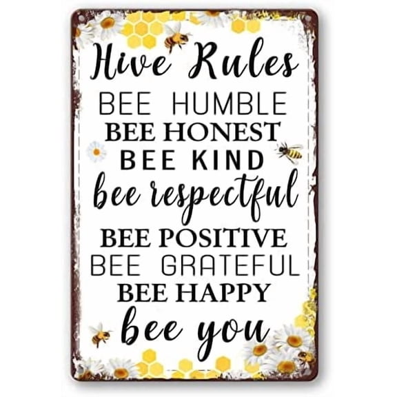 (2-Pack) Metal Tin Sign Bee Hive Rules Sign, 12 x 8 Inch, Metal, Decorative Sign, Beekeeping, Wall Mount, Yellow, Brown