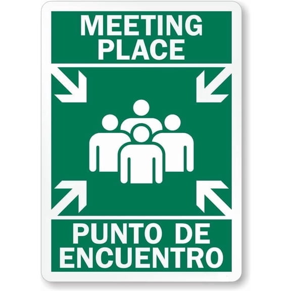 (2 Pack) Metal Tin Sign Bilingual Evacuation Point Sign Meeting Place, Punto De Encuentro with Graphic Sign 8 x 12 Inches – Warning for Wall or Fence