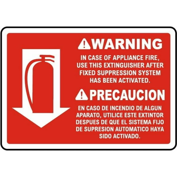 (2-Pack) Metal Tin Sign Bilingual Warning In Case of Appliance Fire Sign Signs Extinguisher Metal Tin 8 x 12 Inch for Home or Work