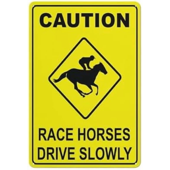 (2-Pack) Metal Tin Sign Caution Race Horses Drive Slowly Yellow Sign For Business 8"X12"