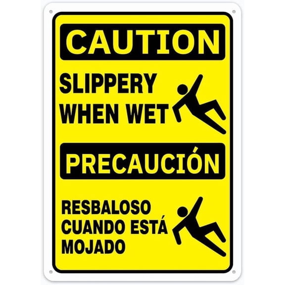 (2-Pack) Metal Tin Sign Caution Sign Slippery When Wet Bilingual Sign Restriction Alert Attention Caution Warning Notice 8"X12" Sign Plate