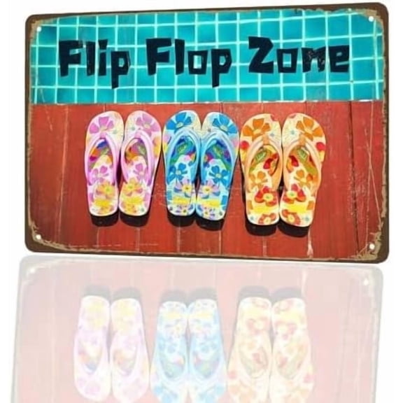(2-Pack) Metal Tin Sign Flip Flop Zone Sign, 8"x12" Vintage sign, Vintage Pool Decor, Beach House Decor