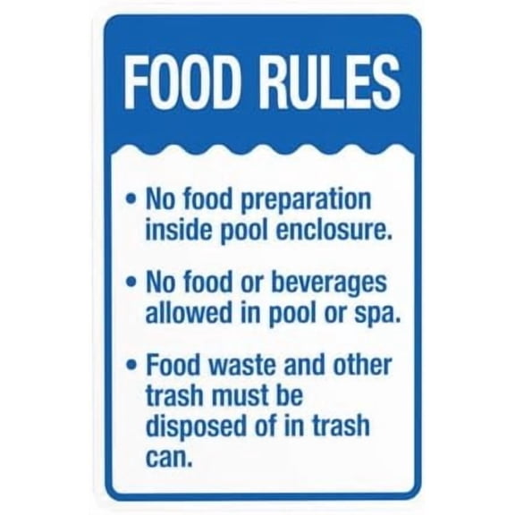 (2-Pack) Metal Tin Sign Food Rules No Food Preparation Inside Pool Enclosure Warning Sign, Pool Rules Signs for Home Business Outdoor Indoor Garage Street Wall Caution Custom Decor 8 x 12 Inch