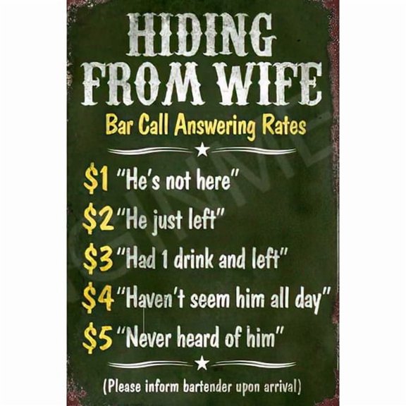 (2 Pack) Metal Tin Sign Hiding From Wife Bar Call Answering Rates Funny Sign Weatherproof 8" x 12"
