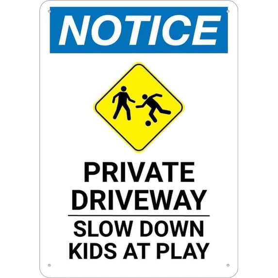 (2-Pack) Metal Tin Sign Notice Private Driveway Slow Down Kids At Play Portrait 12 X 8 Inch Metal Sign, Rustproof Aluminum, Multicolor