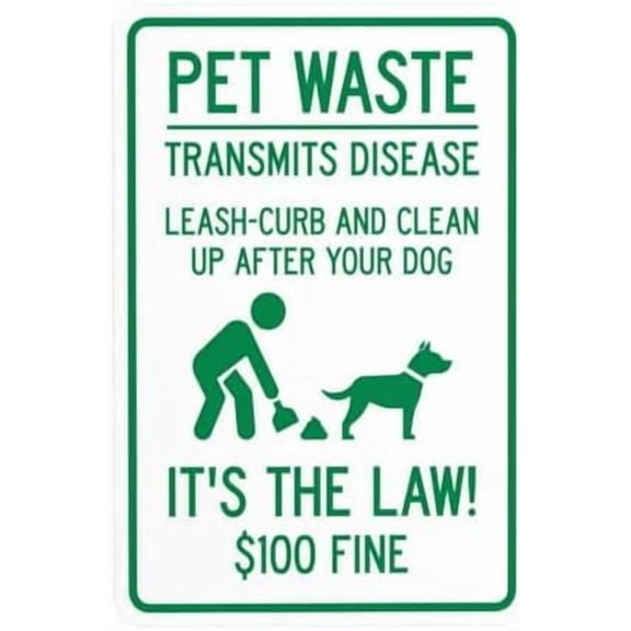 (2-Pack) Metal Tin Sign Pet Waste Leash Curb and Clean Up After Your Dog It's the Law $100 Fine Warning Sign, Clean Up Dog Poop Signs for Business Home Wall Caution Custom Decor 8 x 12 Inch