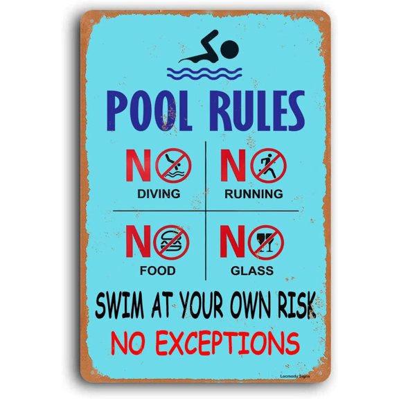 (2-Pack) Metal Tin Sign Pool Rules Sign, Swim at Your Own Risk Sign, 8x12 Inch, Sign, Fade Resistance