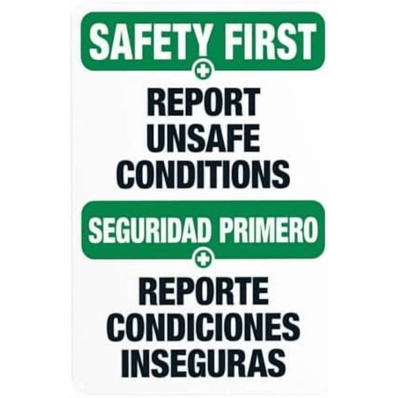 (2-Pack) Metal Tin Sign Report Unsafe Conditions Bilingual Warning Sign, Slogan Security Signs for Business Home Outdoor Indoor Road Yard Garage Street Wall Safety Caution Custom Decor 8 x 12 Inch