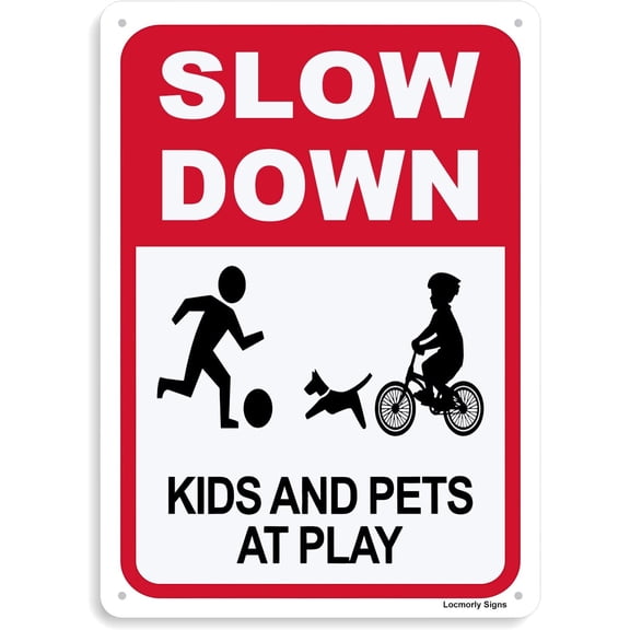 (2-Pack) Metal Tin Sign Slow Kids Pets at Play Sign, 8x12 Inch, Slow Down Sign for Street, Lawn Neighborhoods
