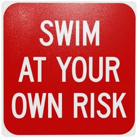 (2-Pack) Metal Tin Sign Swim At Your Own Risk Warning Sign, Pool Security Metal Signs for Home Busines Outdoor Indoor Road Yard Garage Street Wall Caution Decor 8 x 12 Inch