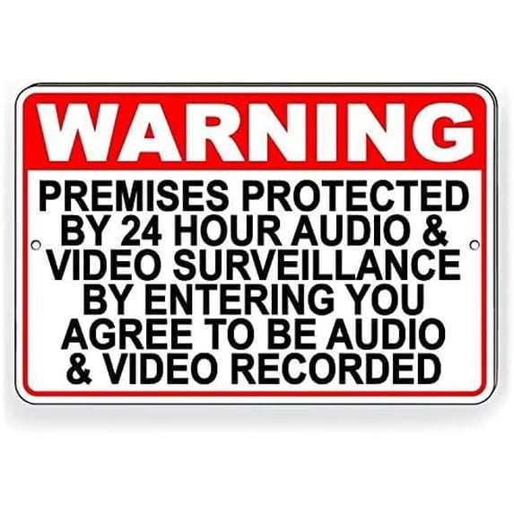 (2-Pack) Metal Tin Sign Warning Premises Under 24 Hr Audio Video Surveillance Metal Sign 12"x8"