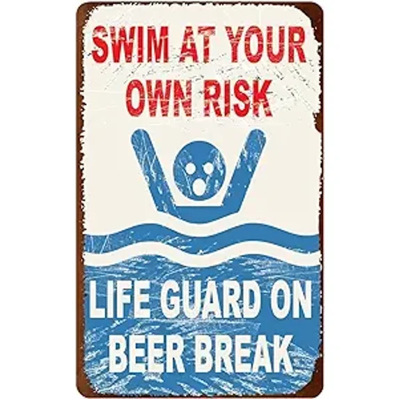 (2-Pack) Metal Tin Sign Warning Sign,Pool Rules Sign,Swim At Your Own Risk Lifeguard On Beer Break Pool Safety Sign 8"X12" Metal Aluminum Sign Retro Metal tin Sign
