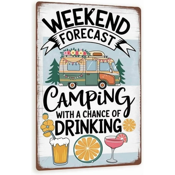 (2 Pack) Metal Tin Sign Weekend Forecast Camping Sign – Vintage Camper Wall Art With Drinks, Rustic RV Bar Decor, Funny Campfire Drinking Plaque 8x12