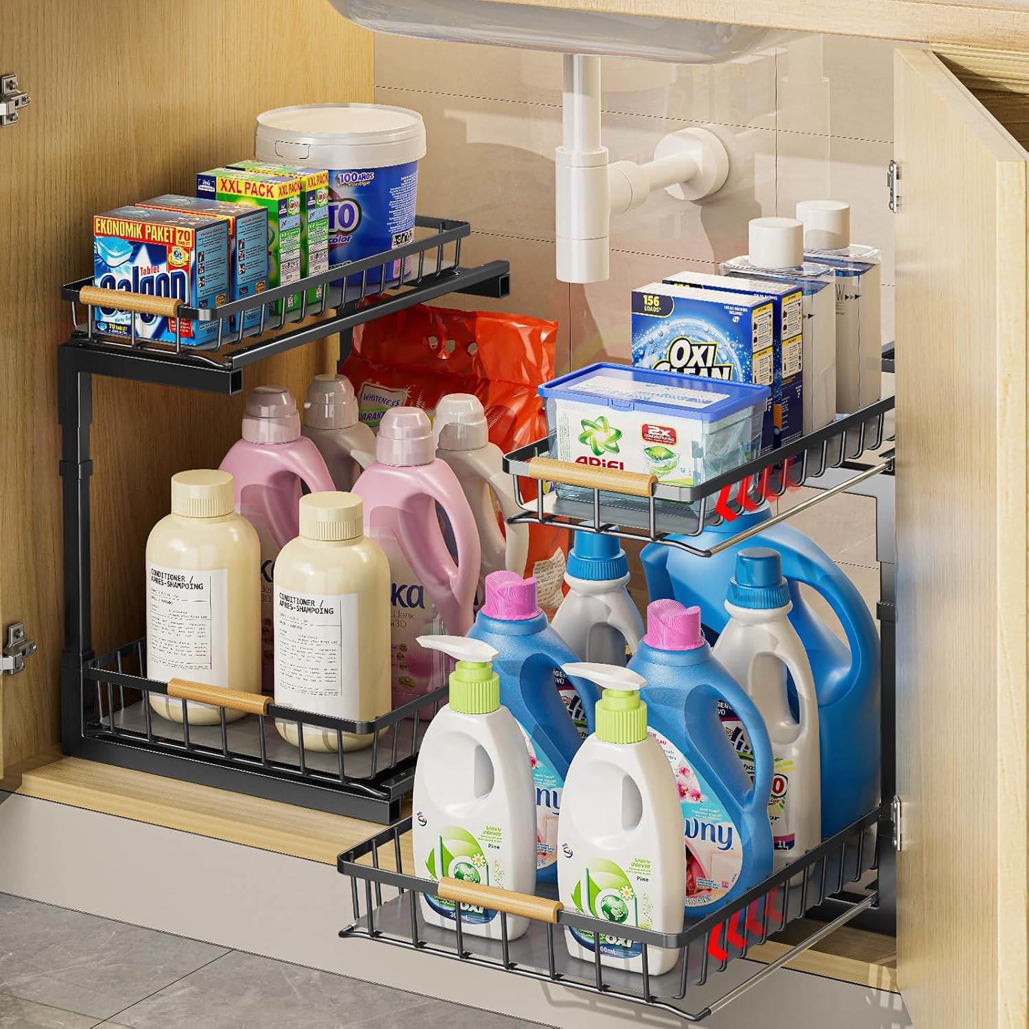 Black Metal 2-Tier L-Shape Under Sink Organizer, 2 Pack