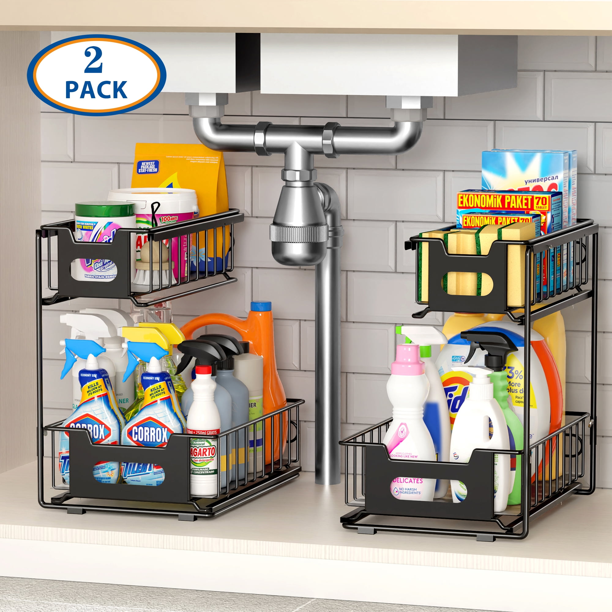 Black Metal 2-Tier Slide-Out Under Sink Organizer, 2 Pack