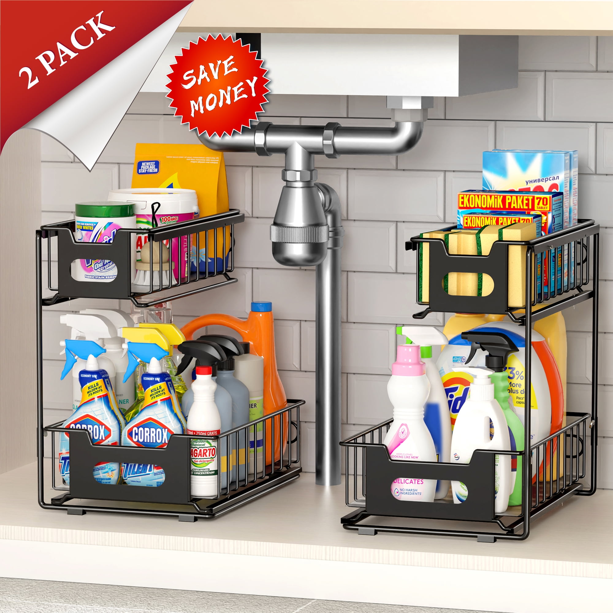 Black Metal 2-Tier Slide-Out Under Sink Organizer, 2 Pack