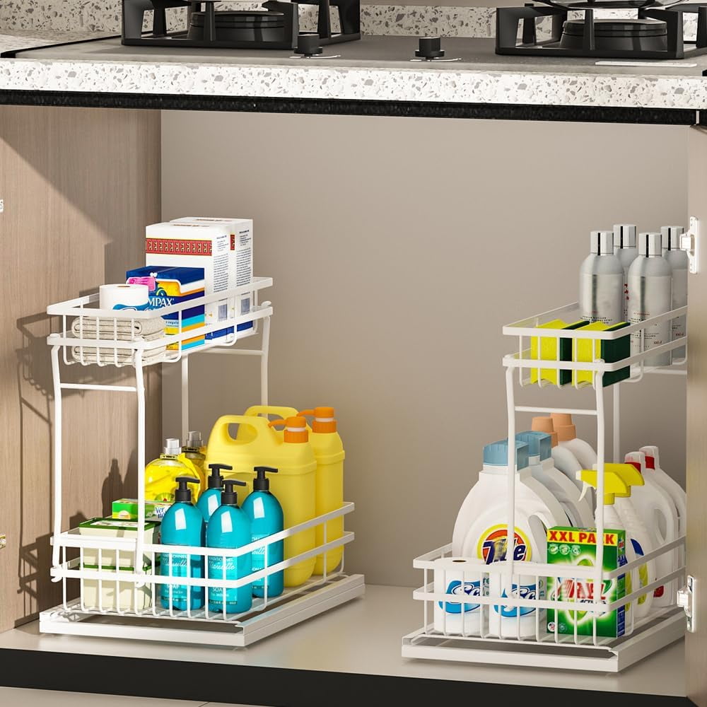 2 Pack Metal Under Sink Organizers and Storage, 2 Tier Pull Out Cabinet Organizer, Sliding Drawer Storage for Kitchen Bathroom