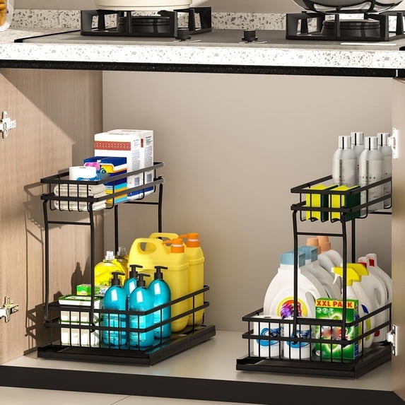 2 Pack Metal Under Sink Organizers and Storage, 2 Tier Pull Out Cabinet Organizer, Sliding Drawer Storage for Kitchen Bathroom