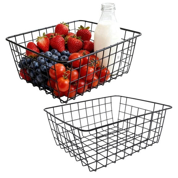 2‑Pack Black Metal Wire Storage Baskets, 11.3×8.54×4.21 Inch Multi‑Purpose Metal Organizer Bins with Handles for Kitchen Pantry Bathroom Laundry Home Organization