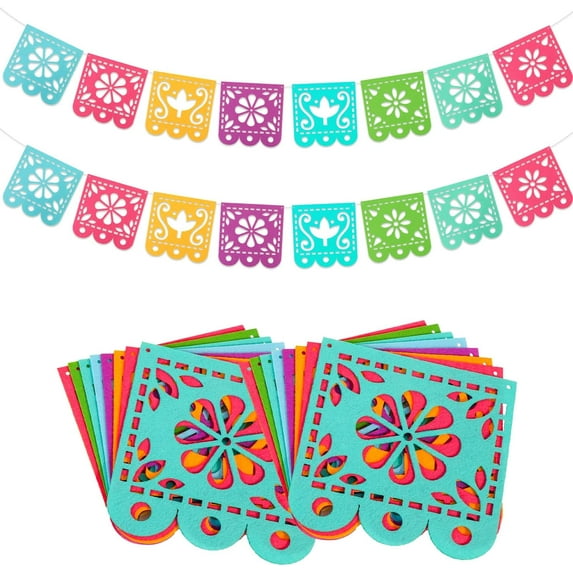 2 Pack Fiesta Banner Colorful Felt Papel Picado Banner for Party Cinco de Mayo Day of the Dead Fiesta Party Decorations Supplies