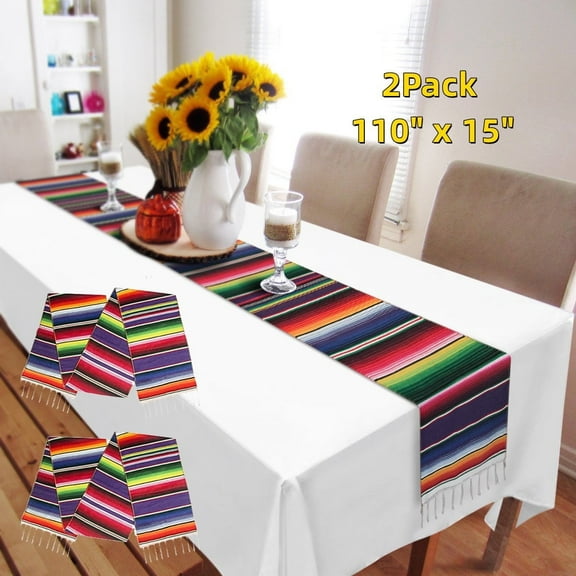 2 Pack Mexican Table Runners 110" x 15" for Cinco de Mayo Party Wedding Decorations, Fringe Cotton Handwoven