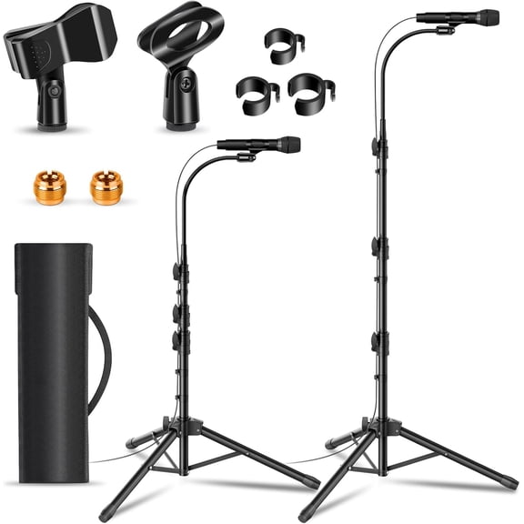 2 Pack Mic Stand Gooseneck Microphone Boom Stand for Singing Height Adjustable from 24” to 67” with 2 Mic Clips for Adults and Kids Singing Lecture Stage