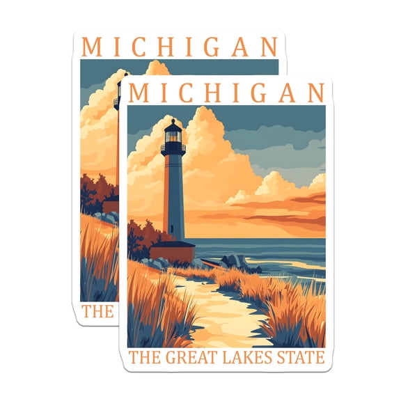 (2 Pack) Michigan Lighthouse Stickers - Great Lakes State - Travel Souvenir Stickers - 5" On Longest Side - Sticks to Smooth Flat Surfaces - Made in USA - BMCS18784