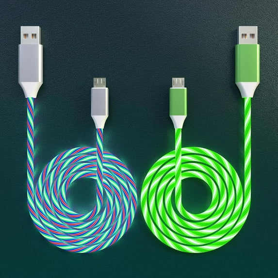 2 Pack Micro USB Cable Android Charger, Led Light Up Glowing Micro USB Fast Charging Cord for Android and Other Micro USB Devices(6.6ft,Green&Colorful)