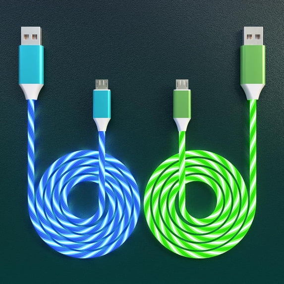 2 Pack Micro USB Cable Android Charger, Led Light Up Glowing Micro USB Fast Charging Cord for Android and Other Micro USB Devices(6.6ft,Blue & Green)
