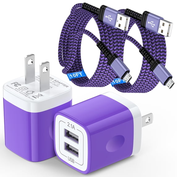 2 Pack Micro USB Charger,Dual USB Wall Charger with 6FT USB A to Micro Cable,Android Charger Block Fast Charging Cable for Kindle,E-Reader, Samsung J8 J7 Pro S6S7, Droid Cord AC Power Adapter(Purple)