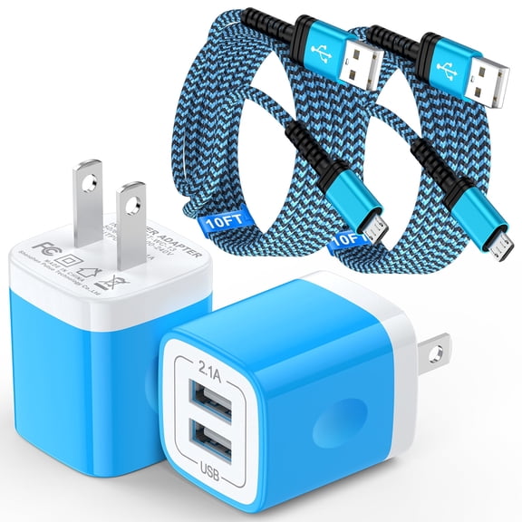 2 Pack Micro USB Charger,Dual USB Wall Charger with 10FT USB A to Micro Cable, Android Charger Block Fast Charging Cable for Kindle,E-Reader, Samsung J8 J7 Pro S6S7, Droid Cord AC Power Adapter(Blue)