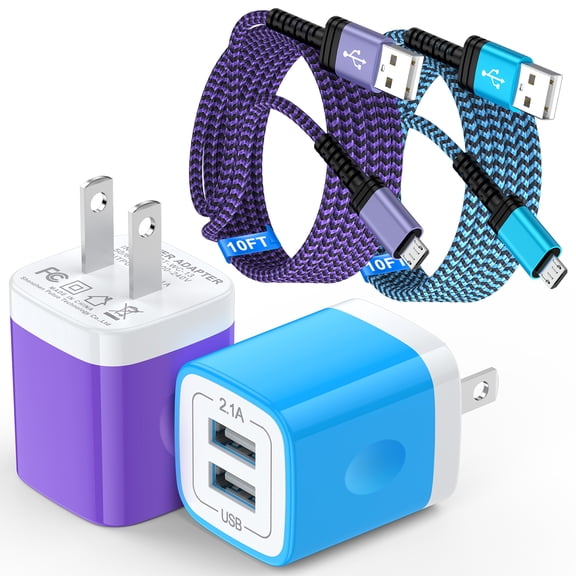 2 Pack Micro USB Charger,Dual USB Wall Charger with 6FT USB A to Micro Cable,Android Charger Block Fast Charging Cable for Kindle,E-Reader, Samsung J8 Pro S6S7,Droid Cord AC Power Adapter(Multicolor)