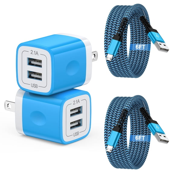 2 Pack Micro USB Charger, USB A to Micro Cable 6FT with USB Wall Charger, Android Charger Block Fast Charging Cable for Kindle, E-Reader, Samsung J8 J7 Pro S6S7, Droid Cord AC Power Adapter, Blue