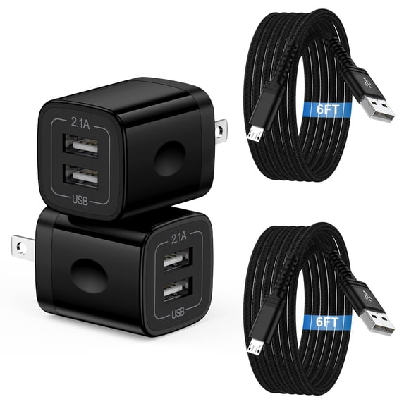 2 Pack Micro USB Charger, USB A to Micro Cable 6FT with USB Wall Charger, Android Charger Block Fast Charging Cable for Kindle, E-Reader, Samsung J8 J7 Pro S6S7, Droid Cord AC Power Adapter, Black