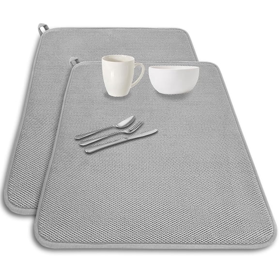 2 Pack Microfiber Dish Drying Mat 20×15 Inch Grey, Super Absorbent Kitchen Counter Dish Drainer Pads