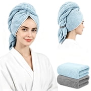 2 Pack Microfiber Hair Towel - 42 x 25 inches Super Soft, Absorbent, Fast Drying Without Frizz Hair Towel Wrap for Women Long, Thick, Curly Hair - Hair Turbans with Elastic Strap
