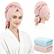 2 Pack Microfiber Hair Towel - 42 x 25 inches Super Soft, Absorbent, Fast Drying Without Frizz Hair Towel Wrap for Women Long, Thick, Curly Hair - Hair Turbans with Elastic Strap