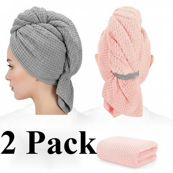 2 Pack Microfiber Hair Towel - Super Soft, Absorbent, Fast Drying Without Frizz Hair Towel Wrap for Women Long, Thick, Curly Hair - Hair Turbans with Elastic Strap