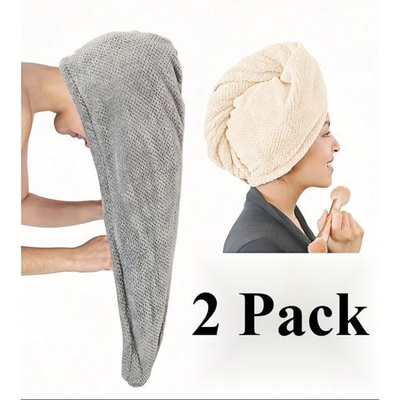 2 Pack Microfiber Hair Towel Wrap for Women, Super Absorbent Quick Dry Hair Turban for All Hair Style Anti Frizz, Large Hair Drying Towel with Button