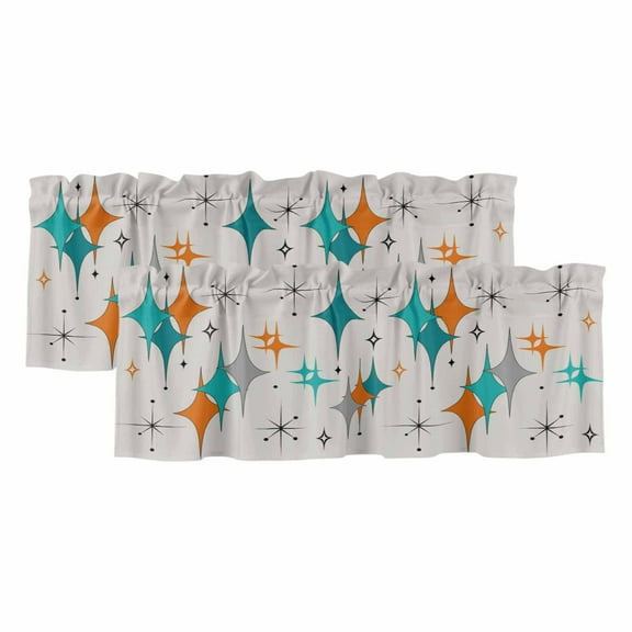 2 Pack Mid Century Valance for Window Boho Modern Geometric Teal Orange Star Kitchen Valance Rod Pocket Short Curtain Topper Decorative Window Treatment for Living Room Bedroom 42"x12"