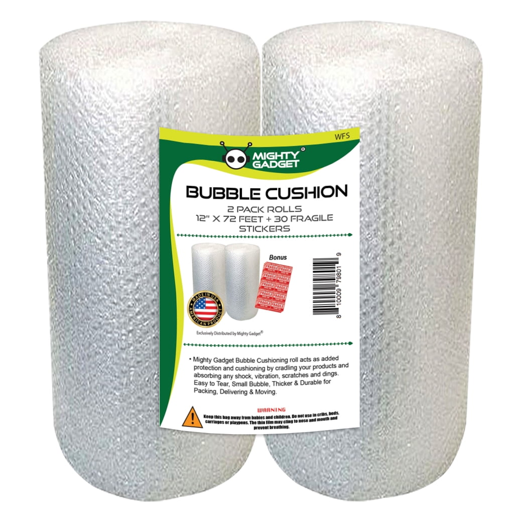 2 Pack of Mighty Gadget Bubble Cushioning Wrap Rolls, 12 x 72’ ft Total, Perforated Every 12 for Packaging, Shipping, Mailing Free Bonus Fragile