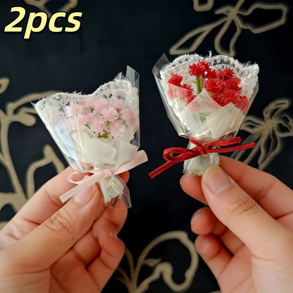 2 Pack Mini Artificial Flower Bouquet Ornaments, Tiny Floral Miniature Accessories for Dollhouse Decor & Micro Landscape Scene Layout