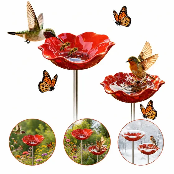 2 Pack Mini Handmade Metal Flower Bird Bath & Birdfeeder with ground insert feet, Multi-Purpose Outdoor Bowl Decor for Garden and Patio, Nature Lover Gift